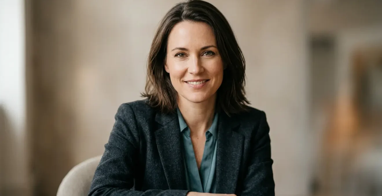 Close portrait of a professional adult making direct eye contact, representing renewed confidence after strabismus correction