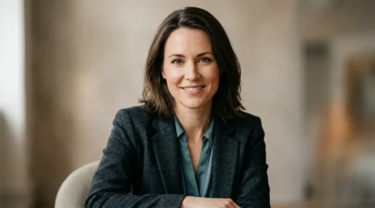 Close portrait of a professional adult making direct eye contact, representing renewed confidence after strabismus correction