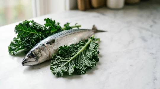 Detailed close-up of fresh leafy green vegetables and oily fish arranged on a clean surface, illustrating protective nutrition for eye health