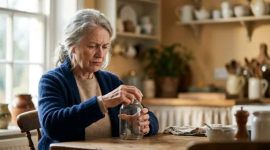 Senior examining blurred objects with concerned expression representing vision compromise from cataracts