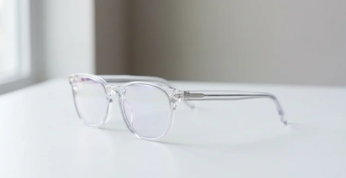 Close-up of modern clear-lens blue light glasses resting on scientific research papers with subtle blue ambient lighting