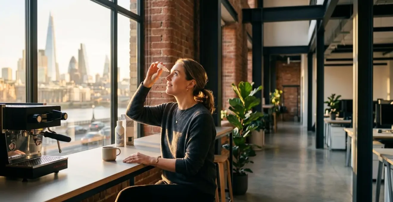 Professional in modern London office environment practicing quick morning eye care routine