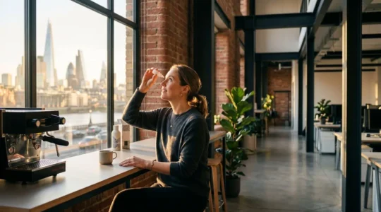 Professional in modern London office environment practicing quick morning eye care routine
