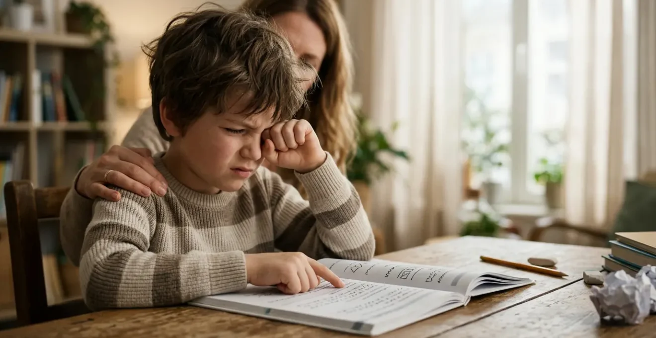 Parent observing child struggling with reading homework showing signs of visual discomfort