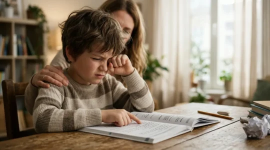 Parent observing child struggling with reading homework showing signs of visual discomfort