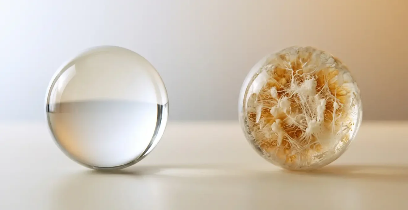 Abstract representation of eye lens clarity transformation from clear to opaque illustrating age-related cataract progression