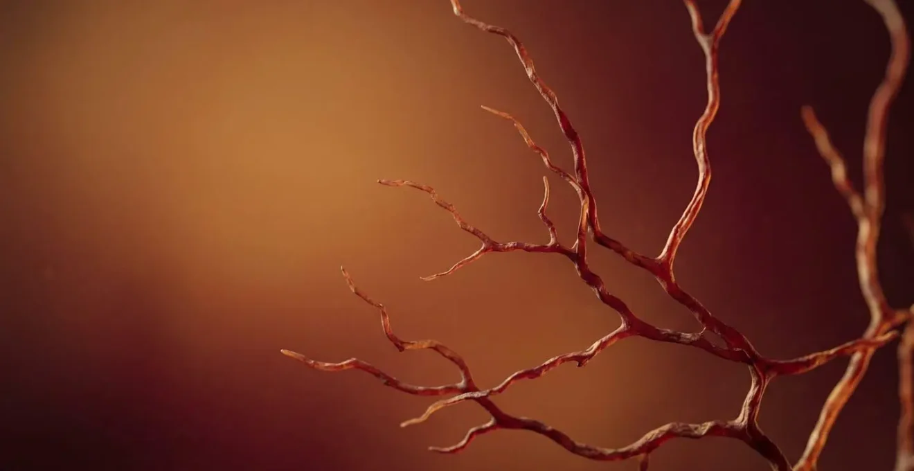Close-up view of retinal blood vessels showing early diabetic changes with soft dramatic lighting