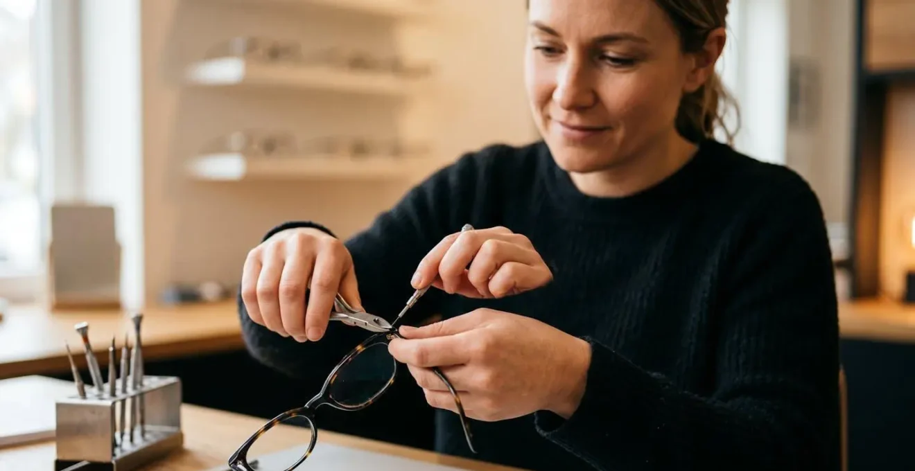 Professional dispensing optician performing detailed lens measurements with advanced digital technology