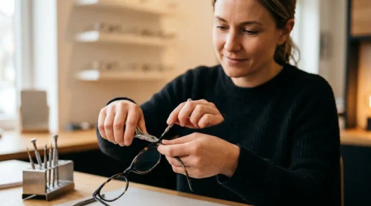 Professional dispensing optician performing detailed lens measurements with advanced digital technology