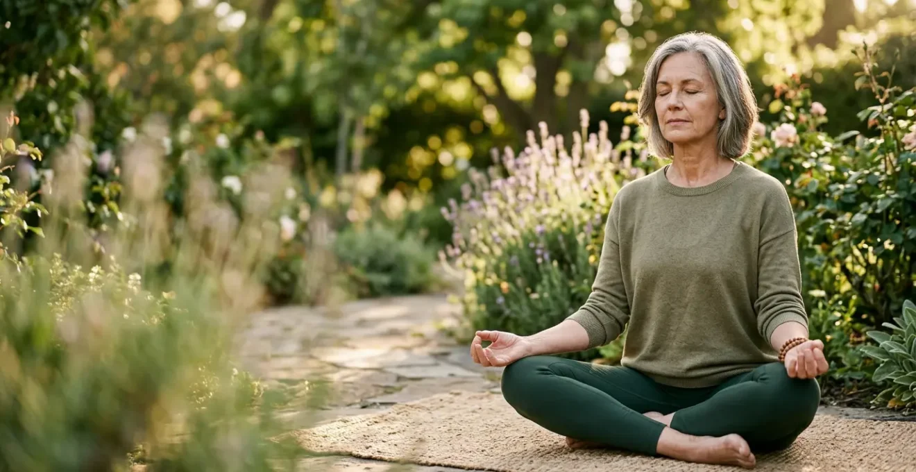 Person practicing mindful breathing outdoors with natural light