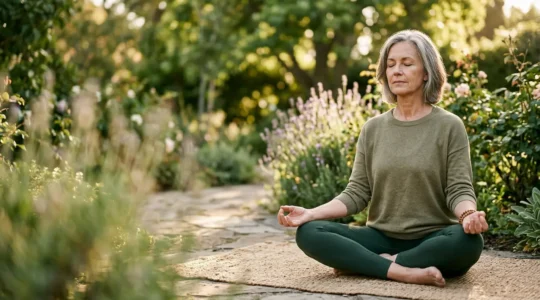 Person practicing mindful breathing outdoors with natural light