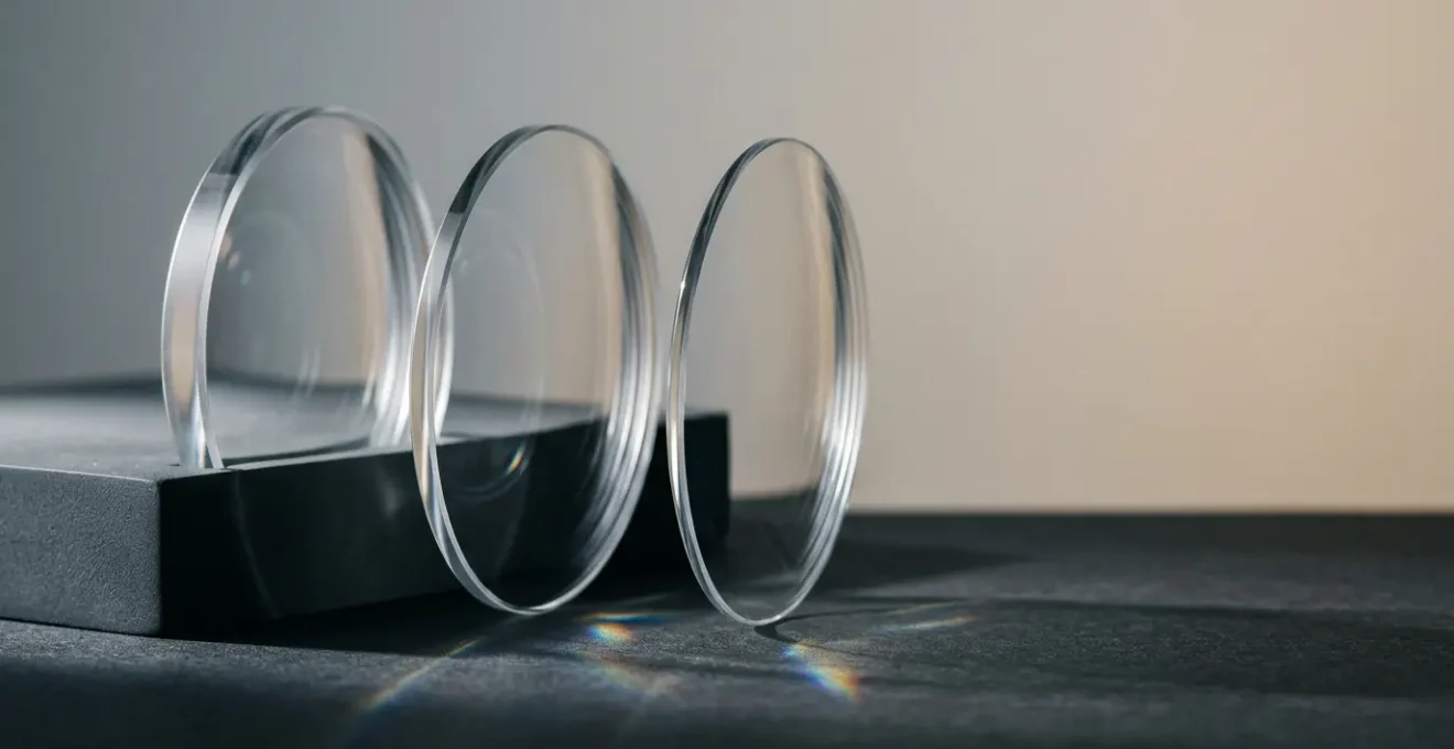 Professional comparison visualization showing optical lens cross-sections at varying refractive indices demonstrating thickness and clarity trade-offs