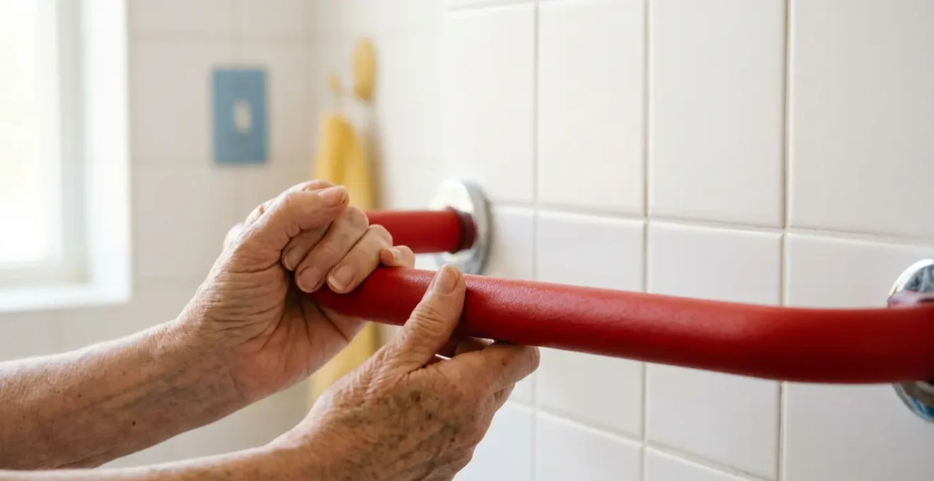 Senior hands adjusting a bold red grab bar in a sunlit bathroom with high-contrast safety features visible in soft focus