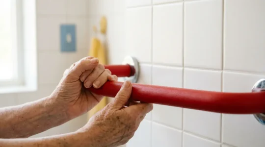 Senior hands adjusting a bold red grab bar in a sunlit bathroom with high-contrast safety features visible in soft focus