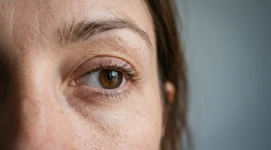 Close-up editorial photograph showing the delicate eye area with natural skin texture and visible eyelashes, emphasizing ocular health and hygiene