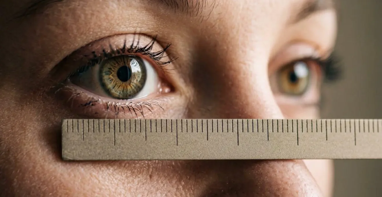 Close-up professional photograph illustrating precise optical measurement for eyewear fitting with natural depth of field