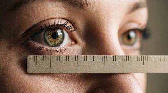 Close-up professional photograph illustrating precise optical measurement for eyewear fitting with natural depth of field