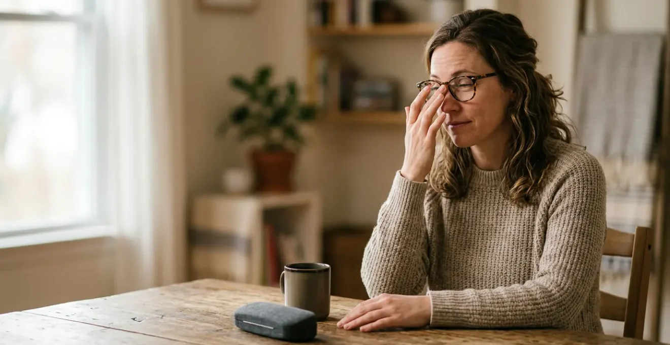 Person experiencing visual adjustment with new prescription eyeglasses in natural lighting