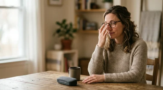 Person experiencing visual adjustment with new prescription eyeglasses in natural lighting