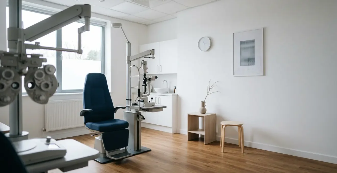 Professional optometrist conducting comprehensive eye examination in modern NHS clinic setting