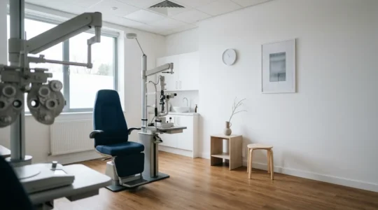 Professional optometrist conducting comprehensive eye examination in modern NHS clinic setting