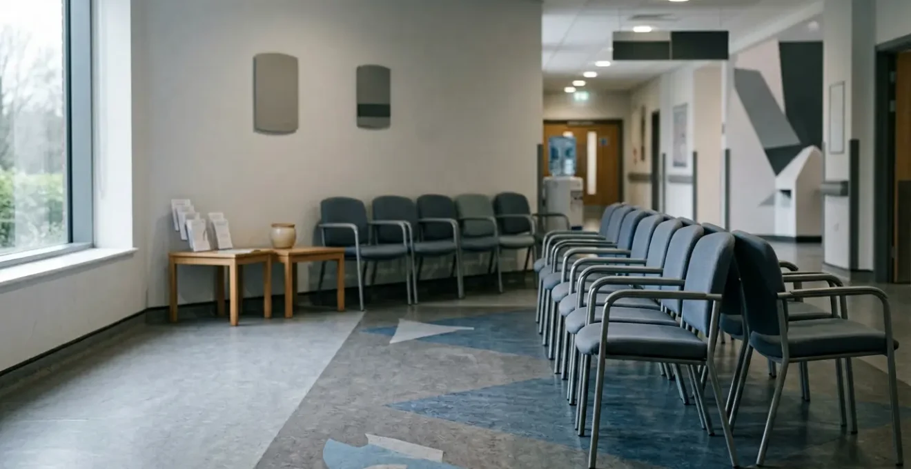 NHS hospital eye department waiting area symbolizing patient uncertainty about treatment timelines