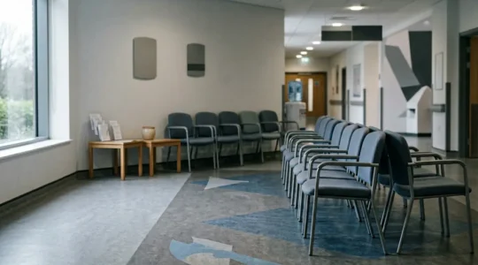 NHS hospital eye department waiting area symbolizing patient uncertainty about treatment timelines