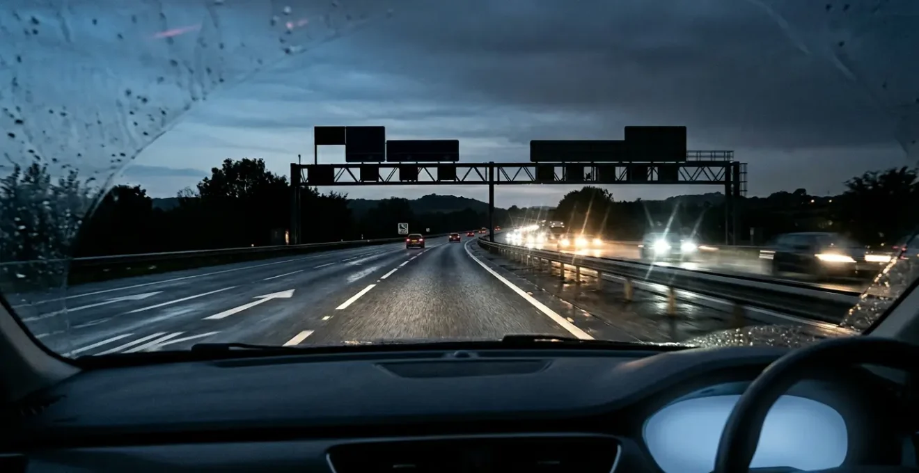 Driver's perspective on UK motorway at night facing oncoming LED headlight glare with wet road surface reflections