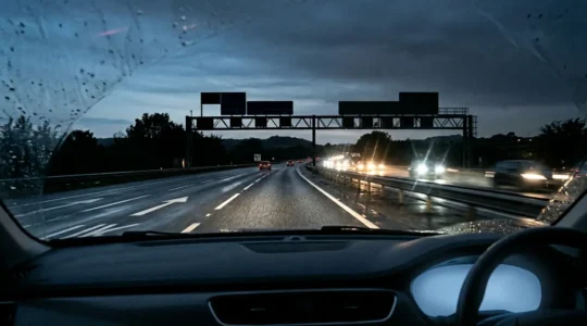 Driver's perspective on UK motorway at night facing oncoming LED headlight glare with wet road surface reflections