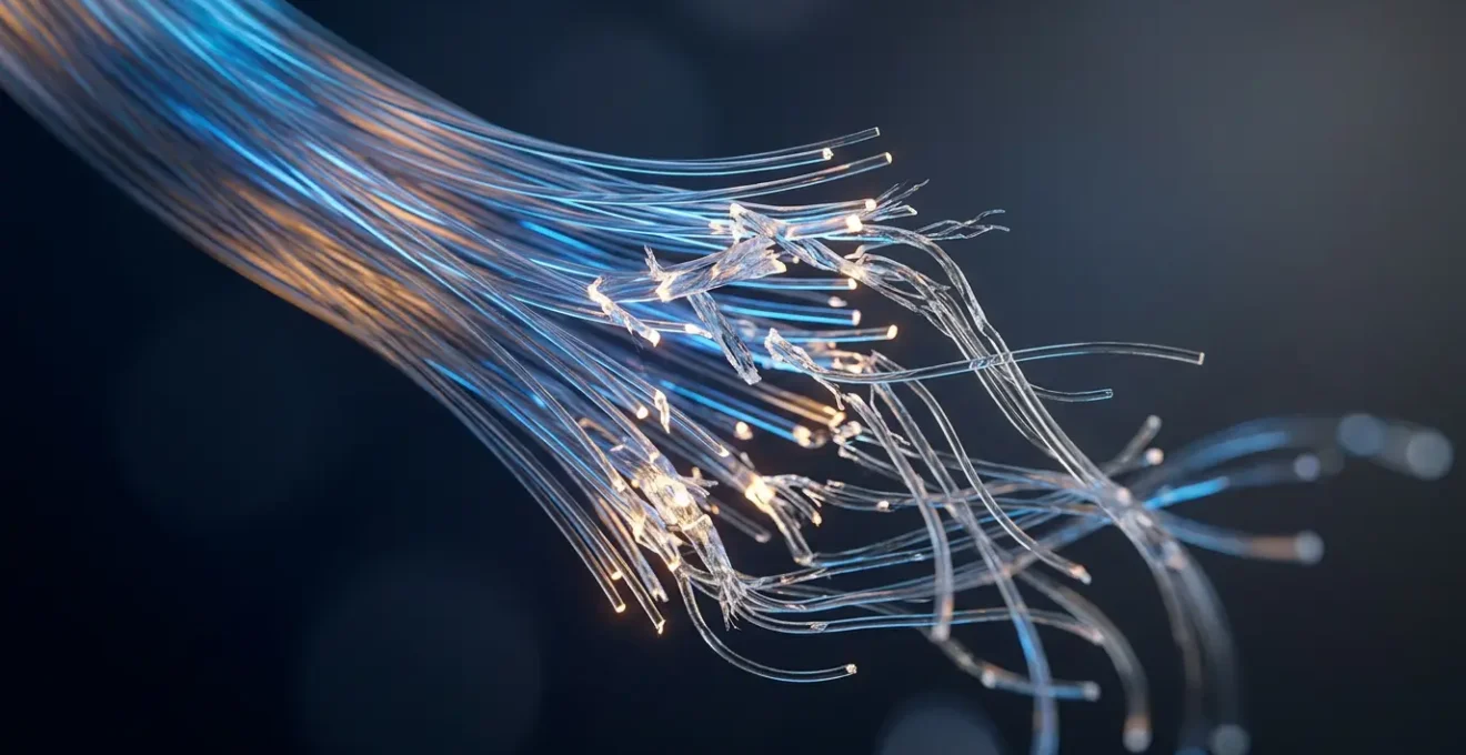 Close-up macro photograph showing intricate neural tissue structures representing optic nerve fibers and cellular complexity