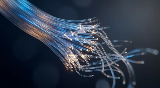 Close-up macro photograph showing intricate neural tissue structures representing optic nerve fibers and cellular complexity
