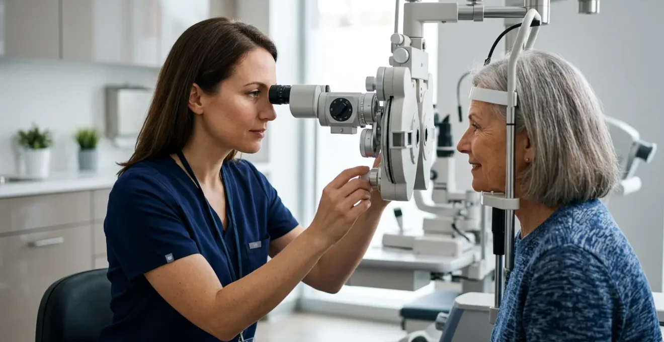 Professional eye care provider performing comprehensive preventive eye examination in modern clinical setting