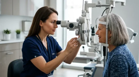 Professional eye care provider performing comprehensive preventive eye examination in modern clinical setting