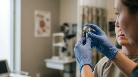Professional orthoptic evaluation demonstrating specialized diagnostic assessment for binocular vision disorders