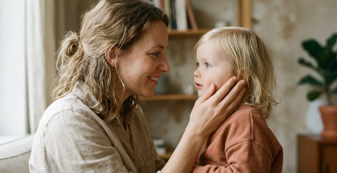 Close-up of parent and young child engaged in meaningful eye contact demonstrating early vision development milestone