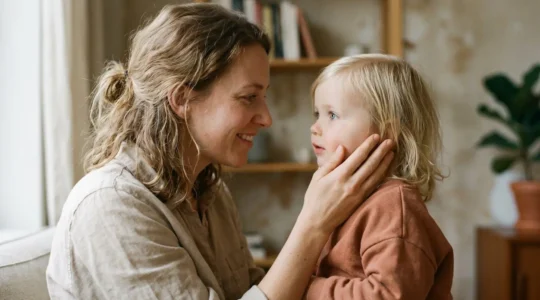 Close-up of parent and young child engaged in meaningful eye contact demonstrating early vision development milestone