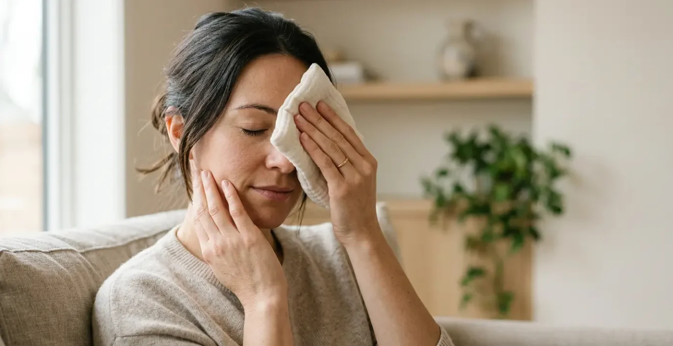 Close-up view of natural pink eye relief methods showing clean compress and eye care elements in soft natural lighting