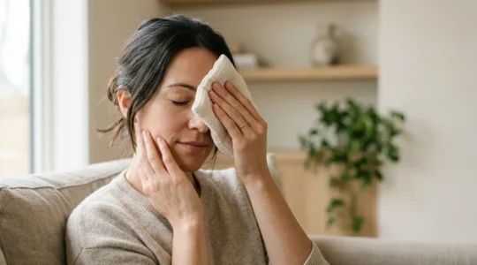 Close-up view of natural pink eye relief methods showing clean compress and eye care elements in soft natural lighting