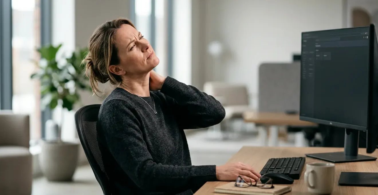 Person experiencing neck discomfort while working at computer with progressive lenses, illustrating ergonomic challenges of presbyopia correction