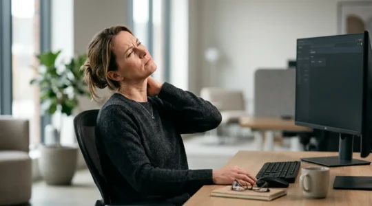 Person experiencing neck discomfort while working at computer with progressive lenses, illustrating ergonomic challenges of presbyopia correction