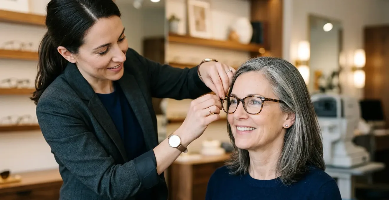 Professional optician performing precise eyeglass frame fitting measurement on client in modern optical store