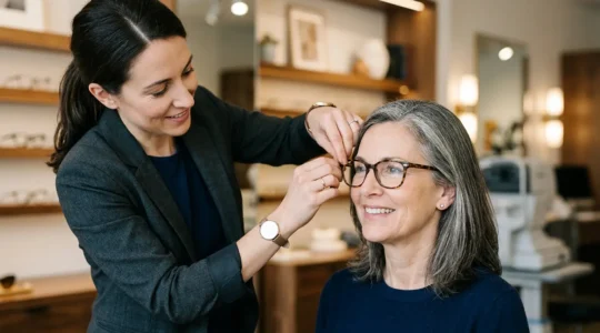 Professional optician performing precise eyeglass frame fitting measurement on client in modern optical store