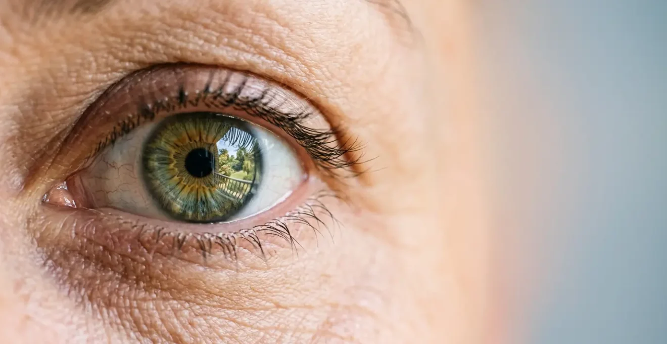 Close-up view of a human eye with subtle reflection showing clarity and focus, representing vision correction through modern lens replacement surgery