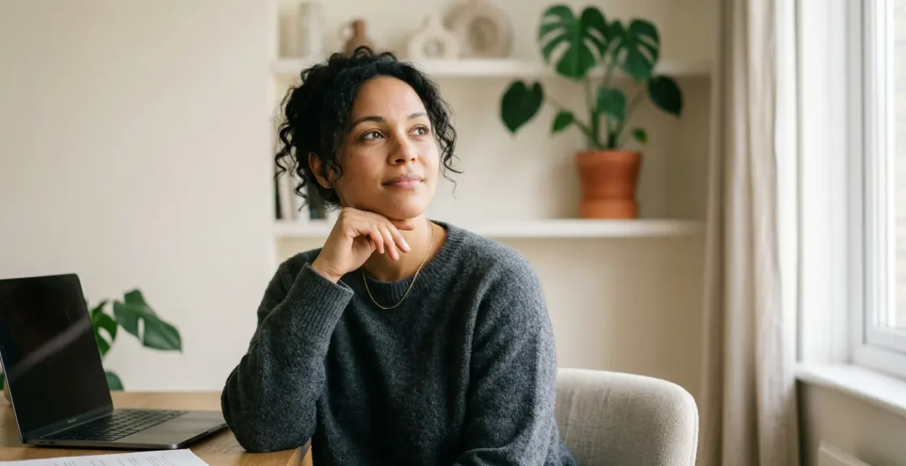 Close-up of a professional performing subtle eye movements at their ergonomic home office desk with natural window lighting