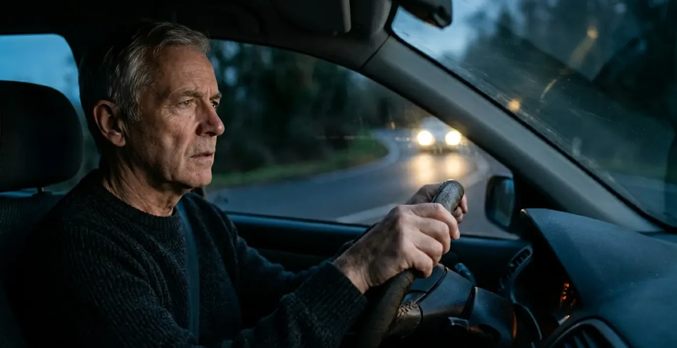Mature driver experiencing headlight glare on a dark road at twilight