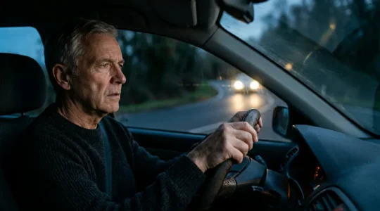 Mature driver experiencing headlight glare on a dark road at twilight