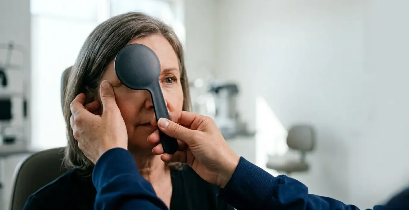 Medical professional conducting specialized binocular vision assessment with diagnostic equipment in modern clinical setting