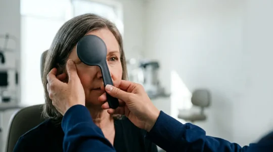 Medical professional conducting specialized binocular vision assessment with diagnostic equipment in modern clinical setting
