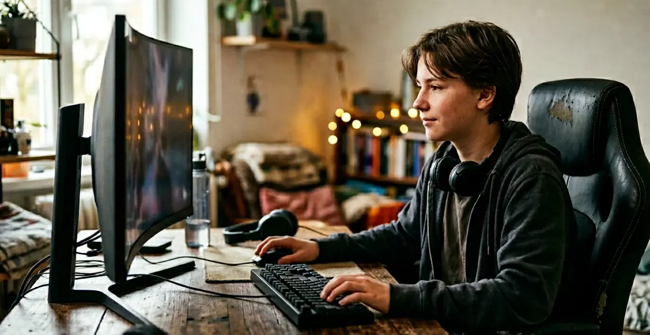 Teenager engaged in gaming session with proper eye care setup demonstrating healthy vision practices