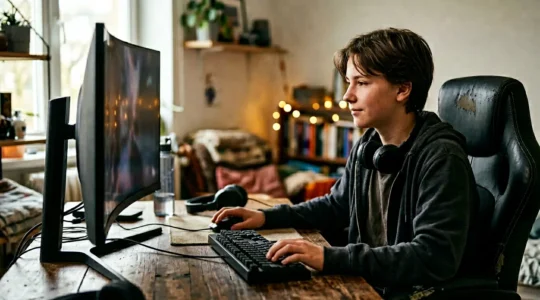Teenager engaged in gaming session with proper eye care setup demonstrating healthy vision practices